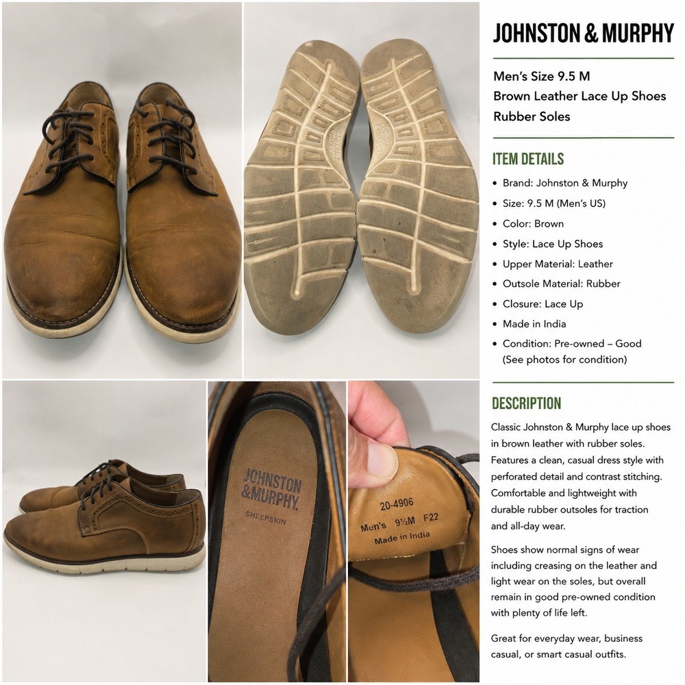 Johnston & Murphy Mens 9.5 M Brown Leather Lace Up Shoes 20-4906 Memory Foam